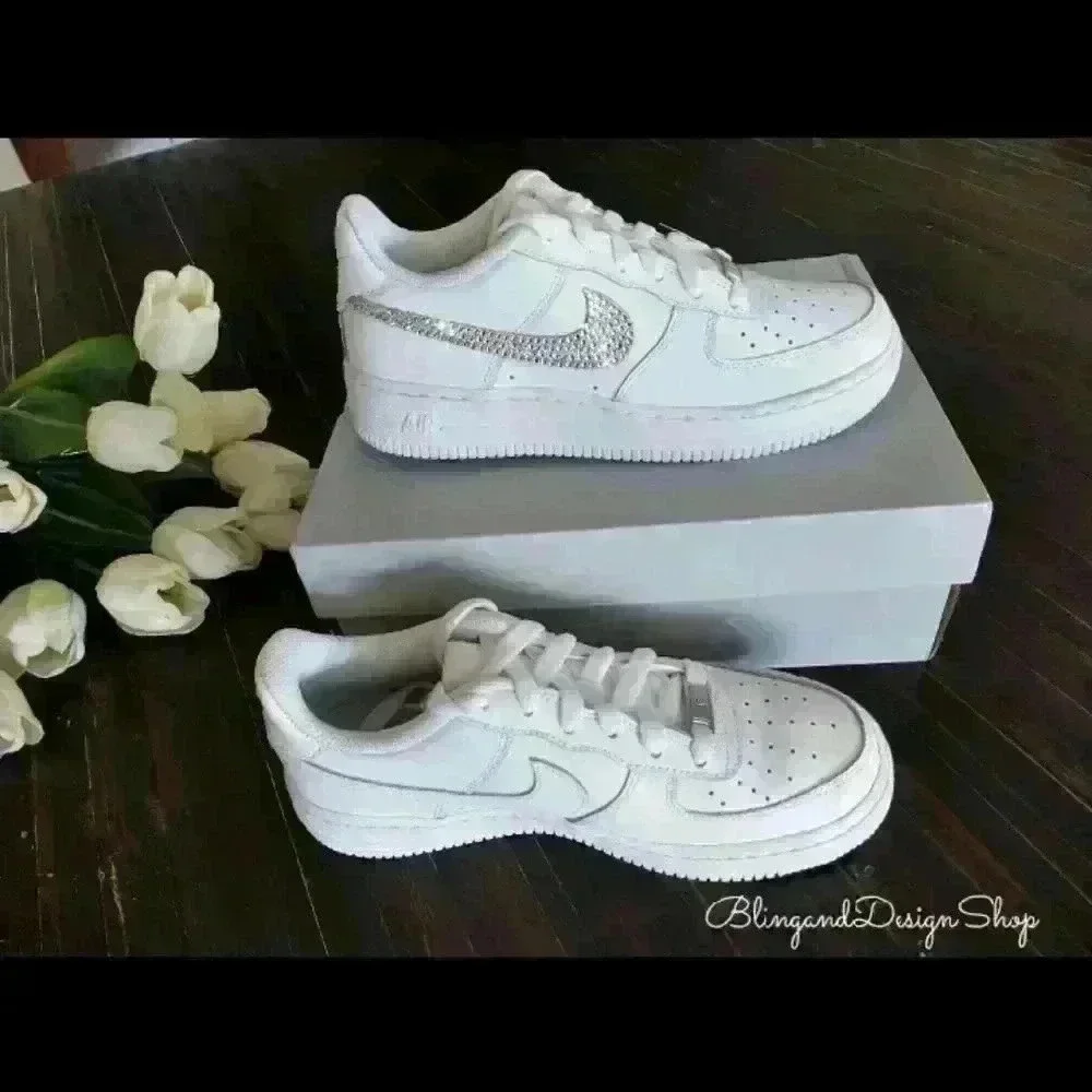 Bling Womens Nike Air Force 1 White Sneakers Shoes made with Swarovski C… - Picture 2 of 8